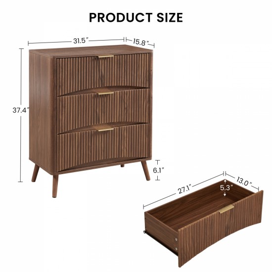 Bedroom Dresser, 3 Dressers with Wavy Curved Drawers, Children's Room, Living Room, Entry and Hallway Wood Chest of Drawers, Walnut, 31.5″W x 15.8″D x 37.4″H.