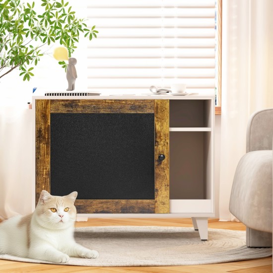 Litter Box Enclosure,Modern Hidden Cat Litter Box Enclosure Furniture with Scratching Pad for Living Room, White + vintage color door frame