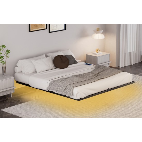 Floating Bed Frame King Size with LED Lights ＆ charging station, Metal Platform Queen Bed, 79.9'' L x 76.2'' W x 7.9'' H.