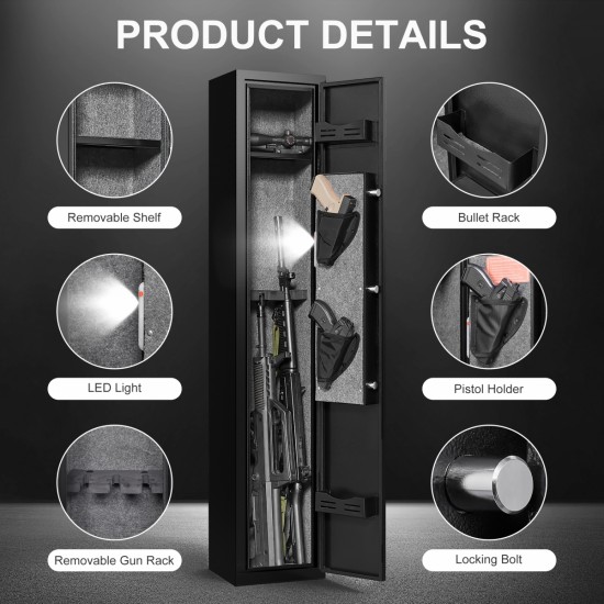 5 Gun Safe with 3 Pistol Pouches,Quick Access Biometric Large Gun Cabinet Lock,Tall Heavy-Duty Gun Safe for Home Rifle Pistols and Shotguns,Adjustable Rack Gun Safe