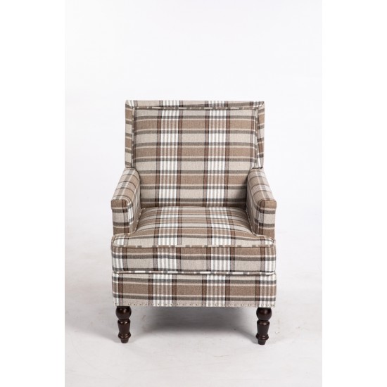 Upholstered Accent Chair, Vintage Armchair with Blue and White Striped Linen Fabric and Nailhead Trim for Living Room