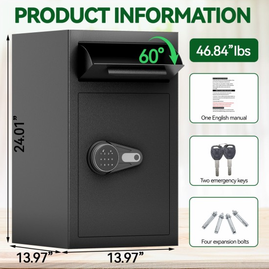 Depository Drop Safe, Front Drop Slot Lock Box with Digital Combination and Anti-Fishing, Silent Deposit Safe Box, Security Money Safe for Cash Slips Expense Business Office Home