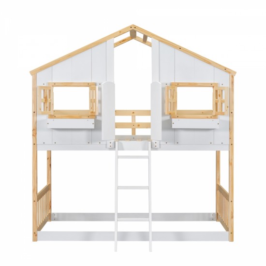 Twin over Twin House Bunk Bed with Roof , Window, Window  Box, Door , with Safety Guardrails and Ladder, Natural/White