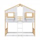 Twin over Twin House Bunk Bed with Roof , Window, Window  Box, Door , with Safety Guardrails and Ladder, Natural/White