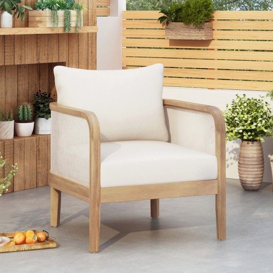 Outdoor Acacia Wood Patio Club Chair, Textilene Patio Furniture,Waterproof Thick Cushion Deep Seating for Porch, Garden, Backyard, Balcony, Weight Capacity 400lbs, Light Teak Finish, Beige