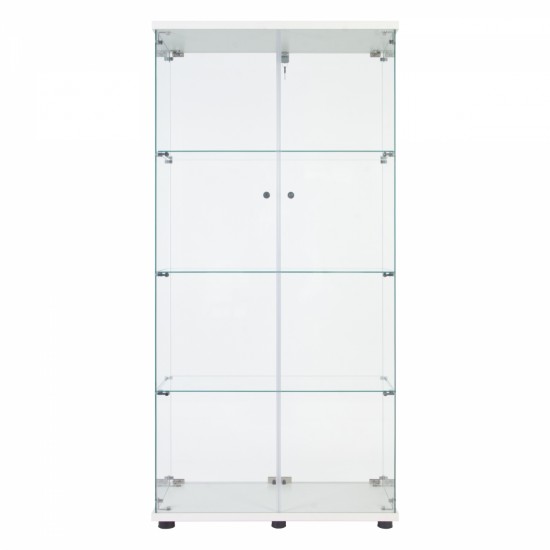 Lighted Two Door Glass Cabinet Glass Display Cabinet with 4 Shelves, White