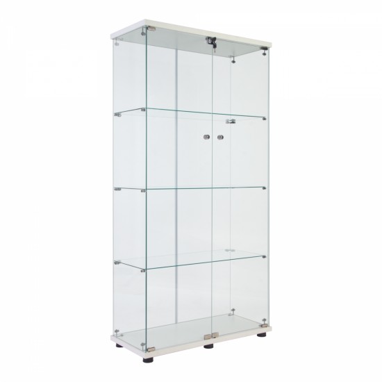 Lighted Two Door Glass Cabinet Glass Display Cabinet with 4 Shelves, White