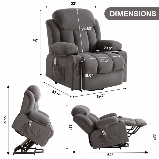 Power Lift Recliner Chair with Heat and Massage Electric Fabric Recliner Chair for Elderly with Side Pocket, USB Charge Port, Remote Control for Living Room (Grey)A+B