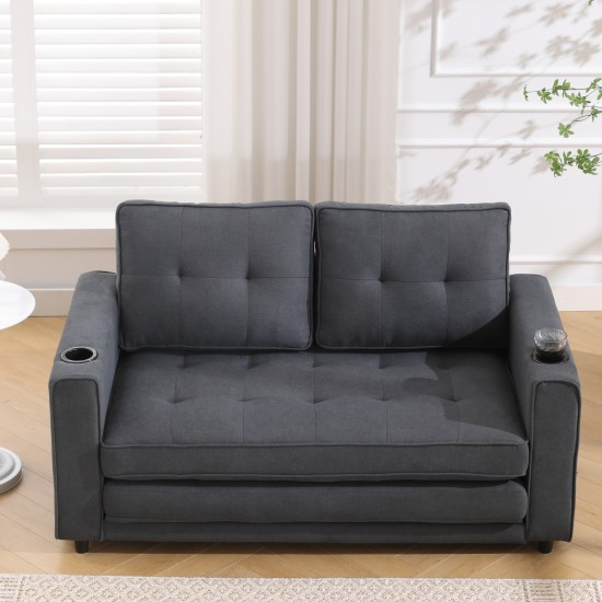 3-in-1 Upholstered Futon Sofa Convertible Sofa bed,Foldable Tufted Loveseat with Pull Out Sleeper Couch Bed,Folding Mattres Love Seat Daybed W/Side Pockets and Cup Holder, Dark Gray