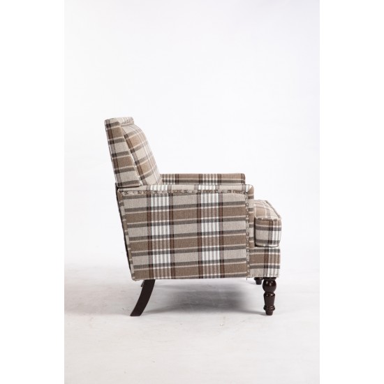 Upholstered Accent Chair, Vintage Armchair with Blue and White Striped Linen Fabric and Nailhead Trim for Living Room