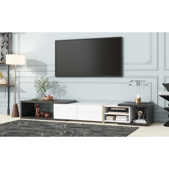 U-Can 51''-98.4'' Modern Extendable TV Stand for TVs up to 100 Inches, Entertainment Center Media Console Corner Console with 2 Drawers and 4 Shelves for Living room, Black & White