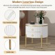 ON-TREND Φ19.6'' Easy Assembly Round End Table with Storage Drawers, Fluted Nightstand with High Gloss Faux Marble Tabletop, Modern Coffee Table with Metal Legs and Handles for Living Room, White