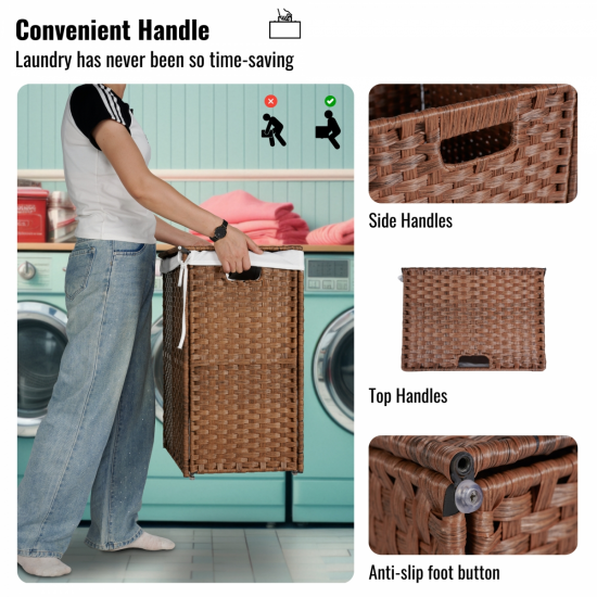 Laundry Hamper With Lid PE Rattan Powder Coating Frame Clothes Hampers with 02 Removable Bags, 100L, Brown Color