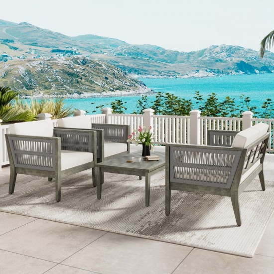 4-Pieces Acacia Wood Patio Furniture Set, Outdoor Furniture with Coffee Table, Patio Conversation Set Deep Seating with Soft Cushion, Porch Chairs for Garden, Backyard Porch Balcony, Grey & Beige