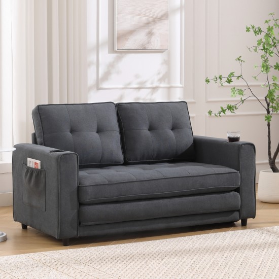 3-in-1 Upholstered Futon Sofa Convertible Sofa bed,Foldable Tufted Loveseat with Pull Out Sleeper Couch Bed,Folding Mattres Love Seat Daybed W/Side Pockets and Cup Holder, Dark Gray