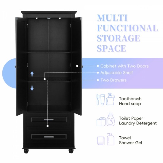 Tall Storage Cabinet with Two Drawers for Bathroom/Office, Black