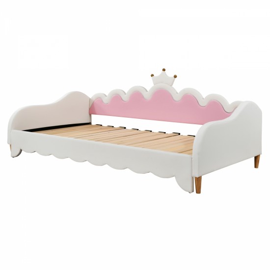 Twin Extending Daybed with LED Lights, Modern Upholstered Princess Daybed With Crown Headboard,White