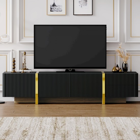 ON-TREND Luxury Fluted TV Stand for TVs Up to 80'', Modern Entertainment Center with Storage Cabinets & Drawers, Smooth Media Console with Golden Wood Grain Legs for Living Room, Black