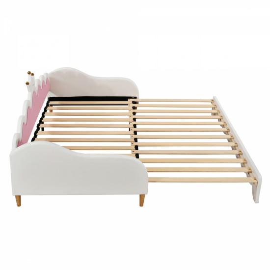 Twin Extending Daybed with LED Lights, Modern Upholstered Princess Daybed With Crown Headboard,White