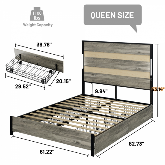 Queen Size Bed Frame with  Headboard and  4 Storage Drawers , Queen Bed Frame with Charging Station and LED Lights, Wood Slats, Easy Assembly,No Box Spring Needed,Industrial Gray