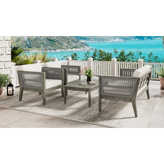 4-Pieces Acacia Wood Patio Furniture Set, Outdoor Furniture with Coffee Table, Patio Conversation Set Deep Seating with Soft Cushion, Porch Chairs for Garden, Backyard Porch Balcony, Grey & Beige