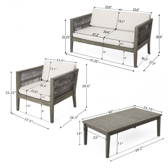 4-Pieces Acacia Wood Patio Furniture Set, Outdoor Furniture with Coffee Table, Patio Conversation Set Deep Seating with Soft Cushion, Porch Chairs for Garden, Backyard Porch Balcony, Grey & Beige