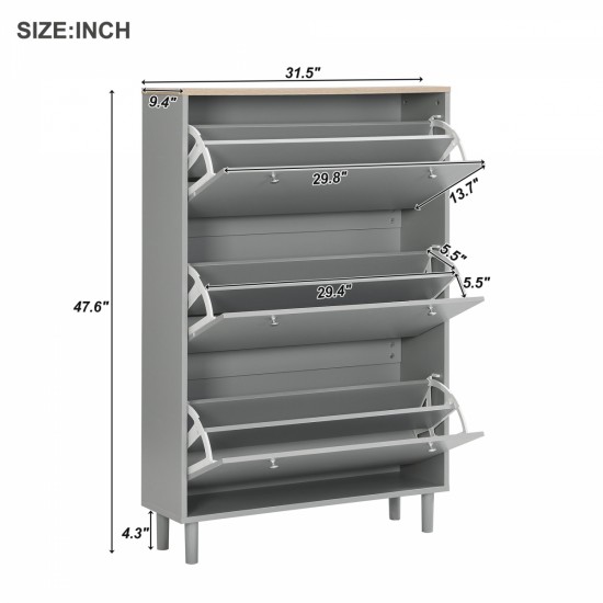 ON-TREND Narrow Design Shoe Cabinet with 3 Flip Drawers, Wood Grain Pattern Top Entryway Organizer with 3 Hooks, Free Standing Shoe Rack with Adjustable Panel for Hallway, Grey