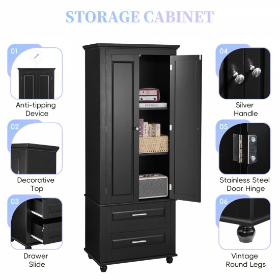 Tall Storage Cabinet with Two Drawers for Bathroom/Office, Black