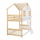 Twin over Twin House Bunk Bed with Roof , Window, Window  Box, Door , with Safety Guardrails and Ladder, Natural/White