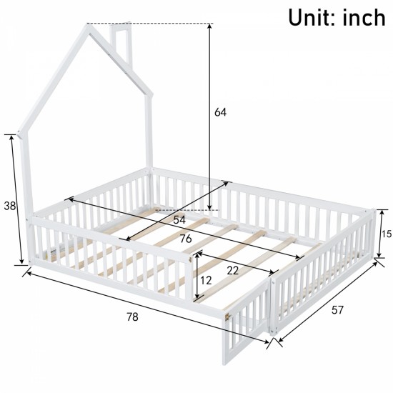 Wood Full Size House Platform Bed with Guardrail, White