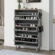 ON-TREND Narrow Design Shoe Cabinet with 3 Flip Drawers, Wood Grain Pattern Top Entryway Organizer with 3 Hooks, Free Standing Shoe Rack with Adjustable Panel for Hallway, Grey