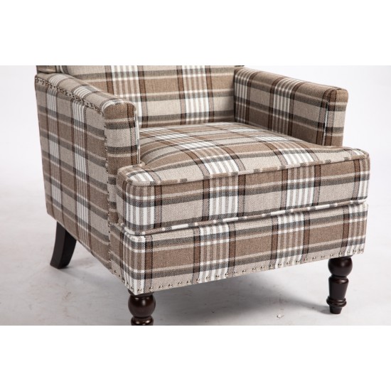 Upholstered Accent Chair, Vintage Armchair with Blue and White Striped Linen Fabric and Nailhead Trim for Living Room