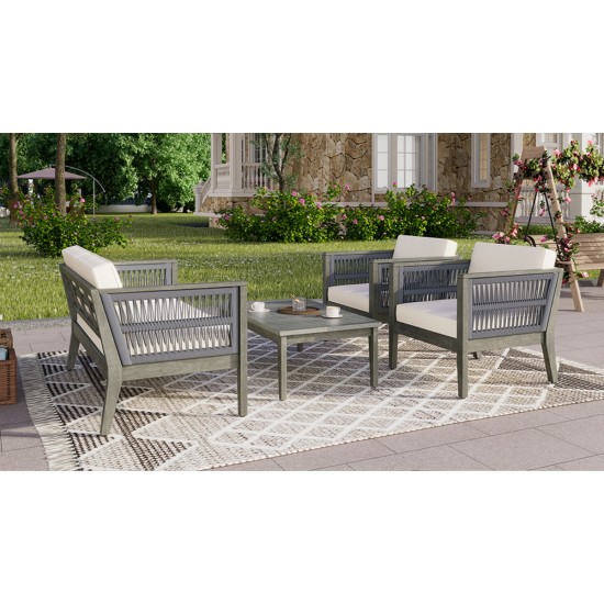 4-Pieces Acacia Wood Patio Furniture Set, Outdoor Furniture with Coffee Table, Patio Conversation Set Deep Seating with Soft Cushion, Porch Chairs for Garden, Backyard Porch Balcony, Grey & Beige