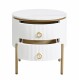 ON-TREND Φ19.6'' Easy Assembly Round End Table with Storage Drawers, Fluted Nightstand with High Gloss Faux Marble Tabletop, Modern Coffee Table with Metal Legs and Handles for Living Room, White