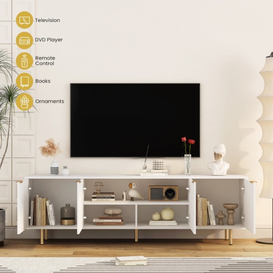 White Modern TV Stand Fluted 68 Inch with Power Outlet, Entertainment Center with Storage Doors, TV Console Media Cabinet,  for 55+ Inch TV, Living Room