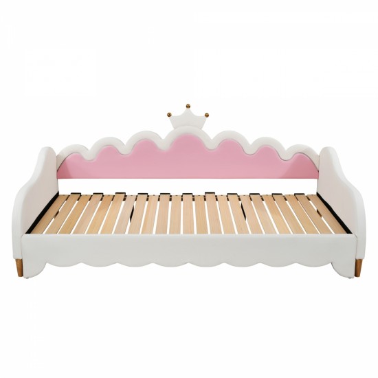 Twin Extending Daybed with LED Lights, Modern Upholstered Princess Daybed With Crown Headboard,White