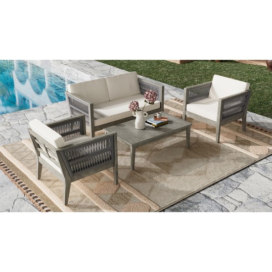 4-Pieces Acacia Wood Patio Furniture Set, Outdoor Furniture with Coffee Table, Patio Conversation Set Deep Seating with Soft Cushion, Porch Chairs for Garden, Backyard Porch Balcony, Grey & Beige