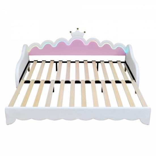 Twin Extending Daybed with LED Lights, Modern Upholstered Princess Daybed With Crown Headboard,White