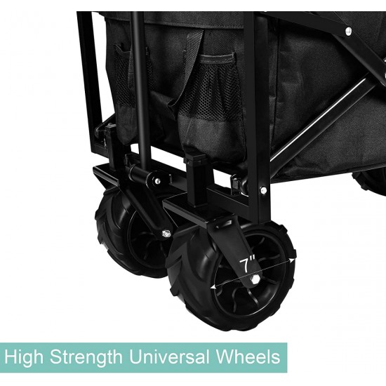 YSSOA Heavy Duty Folding Portable Cart Wagon with 7\'\' Widened All-Terrain Wheels Prevent to Sinking in The Sand, Adjustable Handles and Double Fabric for Shopping, Park, Beach, Camping, Black