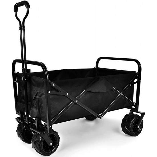 YSSOA Heavy Duty Folding Portable Cart Wagon with 7\'\' Widened All-Terrain Wheels Prevent to Sinking in The Sand, Adjustable Handles and Double Fabric for Shopping, Park, Beach, Camping, Black