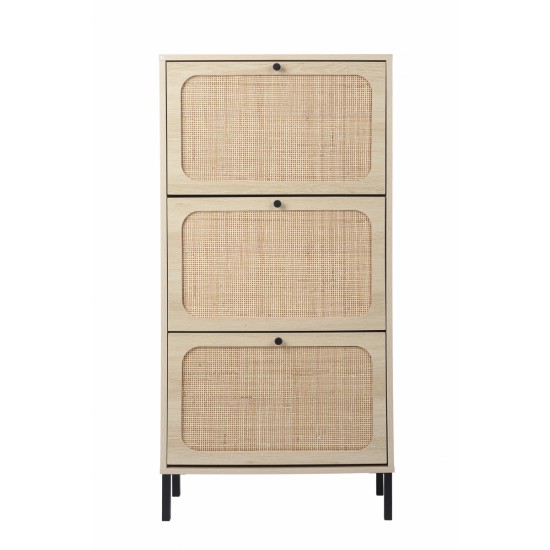 Natural  Rattan 3 Door Shoe Rack, Freestanding Modern Shoe Storage Cabinet, for Entryway