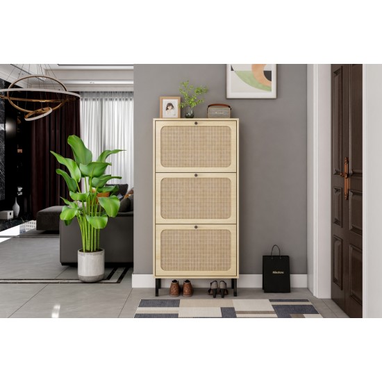 Natural  Rattan 3 Door Shoe Rack, Freestanding Modern Shoe Storage Cabinet, for Entryway