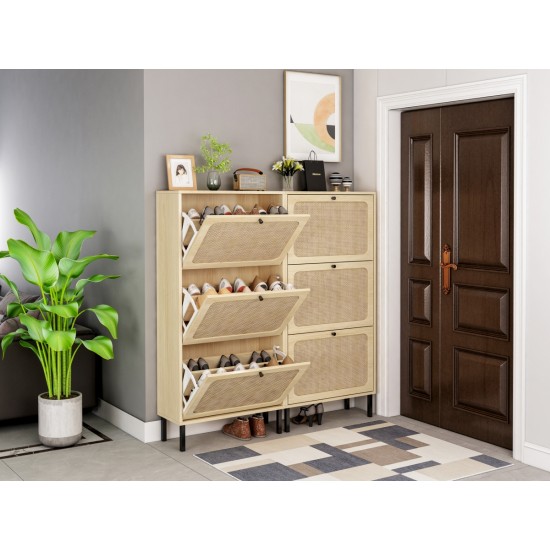 Natural  Rattan 3 Door Shoe Rack, Freestanding Modern Shoe Storage Cabinet, for Entryway