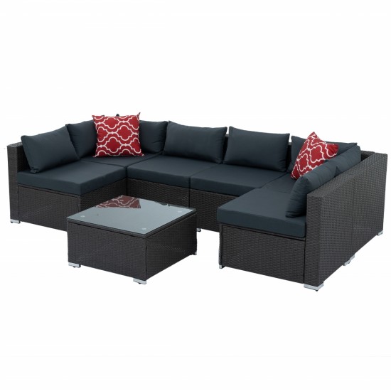 Patio Furniture, Outdoor Furniture, Seasonal PE Wicker Furniture, 7 Set Wicker Furniture With Tempered Glass Coffee Table