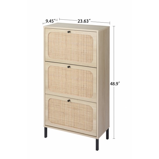 Natural  Rattan 3 Door Shoe Rack, Freestanding Modern Shoe Storage Cabinet, for Entryway