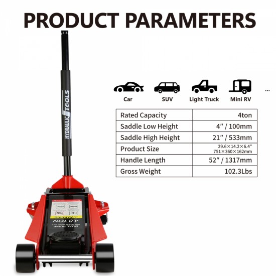 Floor Jack, 4 Ton Low Profile Floor Jack, Heavy-Duty Steel Racing Floor Jack with dual  Piston Quick Lift Pump, Floor Jack Lifting Range 4 Inch-21 Inch