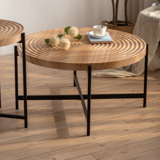 Modern Thread Design Round Coffee Table , MDF Table Top with Cross Legs Metal Base(Set of 2 pcs )