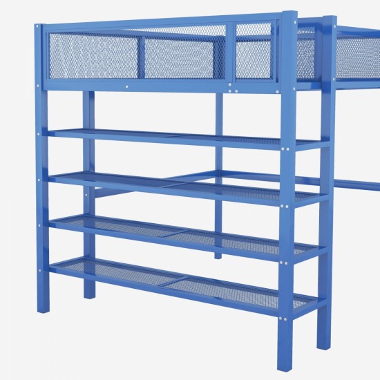 Full Size Metal Loft Bed with 4-Tier Shelves and Storage, Blue