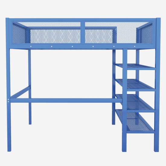 Full Size Metal Loft Bed with 4-Tier Shelves and Storage, Blue