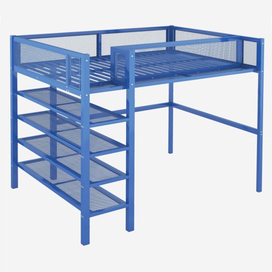 Full Size Metal Loft Bed with 4-Tier Shelves and Storage, Blue